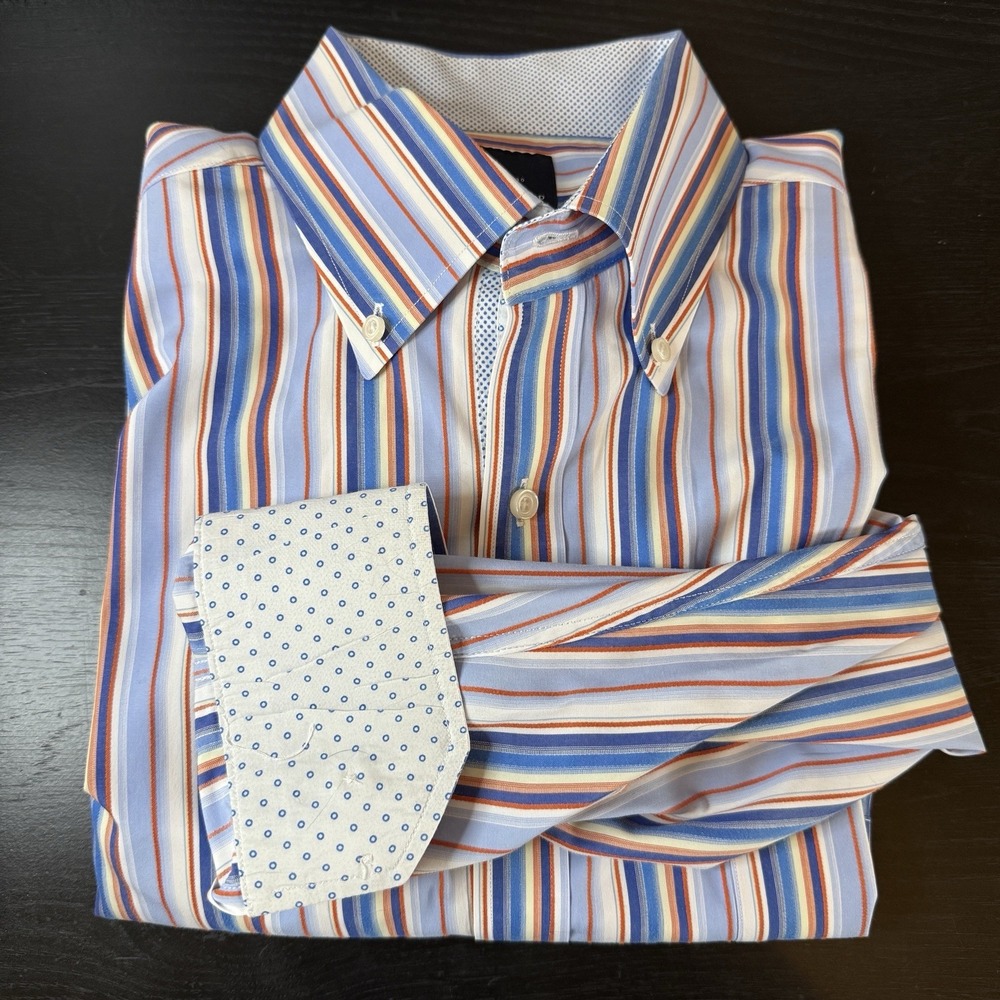Tailorbyrd‎ Button Down Mens XL Flip Cuff Dress Shirt White Orange Blue Striped